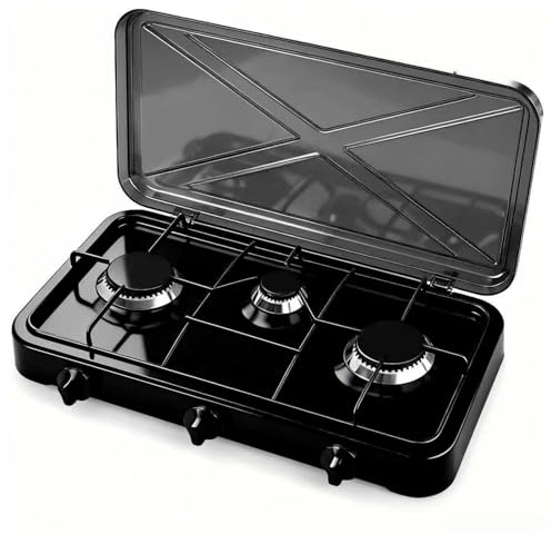 Fornello A Gas Portatile 3 Fuochi con Coperchio Piano Cottura Campeggio GPL Gas Naturale Fornello da Camping In Acciaio Con Griglie Smaltate Cucina Portatile per Camper Picnic Outdoor (Nero)