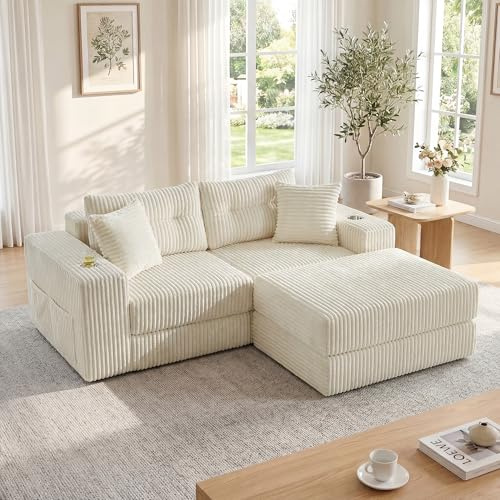 GRAVFORCE Modulares Schlafsofa 204cm L-Form Ecksofa mit Schlaffunktion Boneless Couch mit Getränkehalter, Sofa Bed mit tieferer Sitzfläche, umwandelbar montagefrei Bodensofa für Wohnzimmer Beige