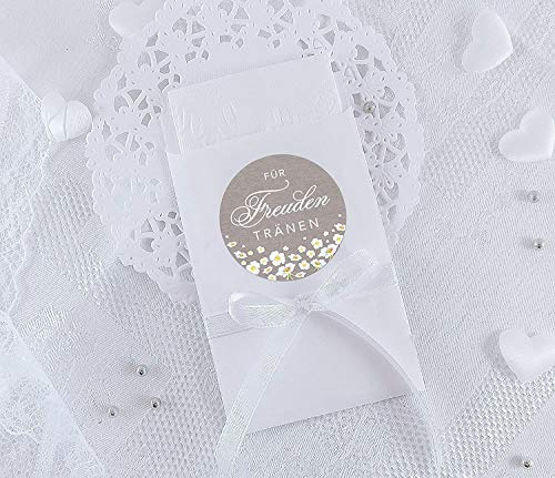 Freuden Tränen Taschentücher Set zur Hochzeit Groß 48 Sticker + 48 weiße Flachbeutel - 63 x 93 mm für Freudentränen Taschentuch Verpackungen Aufkleber in SAND mit weißen Blumen im Retro Look