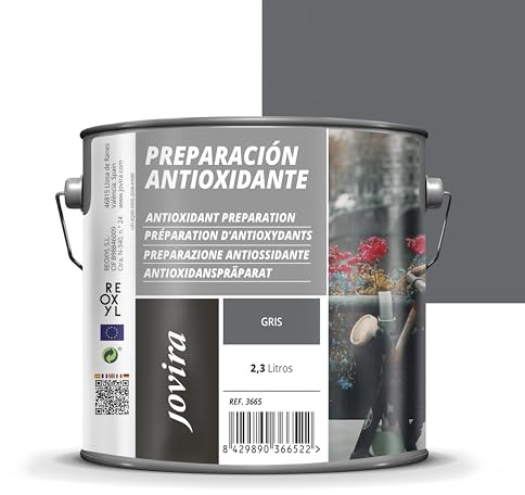 JOVIRA PINTURAS Preparación Antioxidante Metal | 2,3 L | Pintura tratamiento superficies de metal anti oxido. Imprimación uso general, Protección total. Anti oxidante. (2,3 Litros, Gris) D-7A