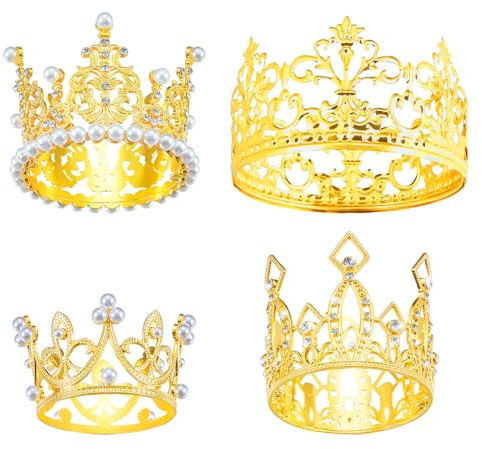 Jetec 4 Pcs Mini Crown Cake Topper Flower Bouquets Accessories, Metal Rhinestone Princess Tiara, Royal Decor for Baby Shower, Wedding, Birthday & Pets(Gold,Classic Style)