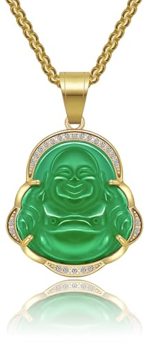 AILUOR Glücklicher lachender Buddha Halsketten, Glückskette Buddha Anhänger Grüne Jade Buddha Halskette Iced Out Bling Zirkon 18K vergoldet Kette Zierliche Amulett Halskette Schmuck Geschenk (Grün)