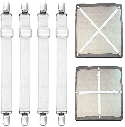 SUNRIZ Bettlakenspanner Verstellbar, 55-250cm Elastische Bettlaken Spanner, Lakenspanner mit Metallclip, Spanngurte für Matratze, Bügelbrett, Sofa,Tischdecken Fest, Weiß,4 Stück