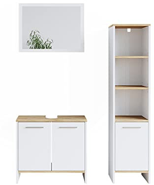 Vicco Badmöbel-Set Weiß Elvio, bestehend aus Bad Spiegelschrank, Waschbeckenunterschrank, Hochschrank - Schlichte Linienführung für Moderne Badezimmer