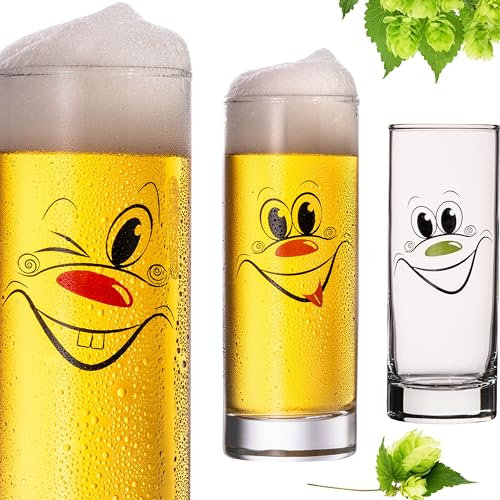 PLATINUX Hohe Biergläser mit lustigen Gesichtern Glas 300ml (max 335ml) Set 3 Teilig Kölschglas Bierstangen Karneval