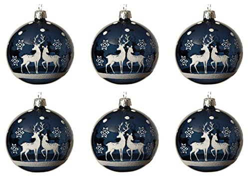 Lot de 6 boules de Noël en verre avec motif rennes soufflé à la bouche et peint à la main Transparent Bleu blanc 8 cm
