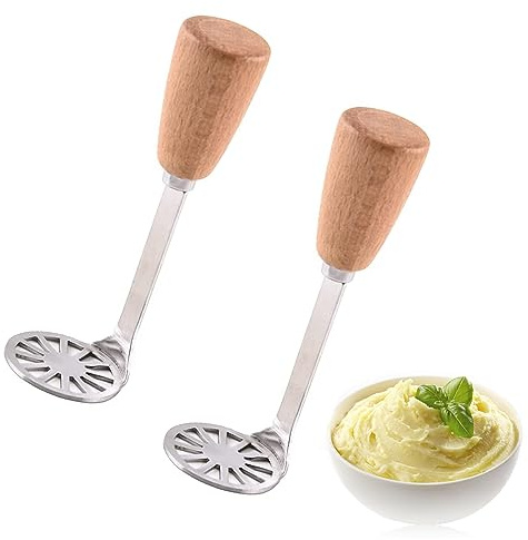 2 pcs Small Potato Masher Multifunctional Stainless Steel Masher for Mashing Baby Food & Vegetable with Wooden Handle Cooking and Kitchen Gadget