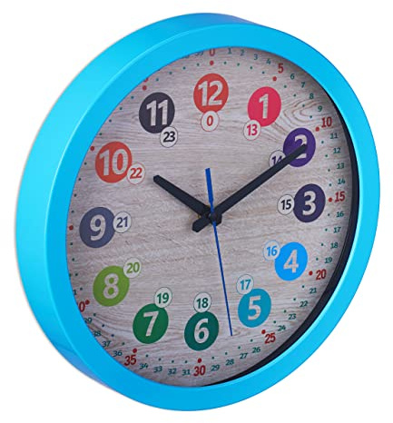 Relaxdays Wanduhr Kinder, Ø 30 cm, Bunte Zahlen, Uhrzeit Lernen, Kinderzimmeruhr Jungen & Mädchen, Kinderuhr Wand, blau