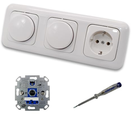 REV Ritter (2 x) LED Drehdimmer Dimmer + Busch Jäger Dimmerscheiben 2115-214 und Steckdose 20EUC-214 in Reflex Si alpinweiß glänzend inklusive EBROM Phasenprüfer zur Montage der Geräte ET1 66012B