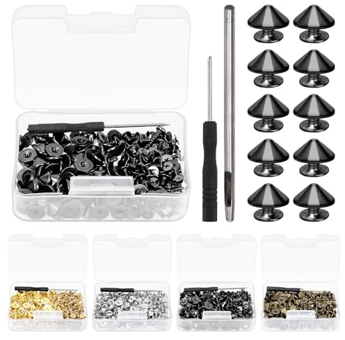 Glarks Set di 100 punte e borchie a cono per pistola, 4,7 mm, punte a proiettile con retro a vite, borchie e punte punk, con strumenti di installazione, viti per rivetti in pelle per abbigliamento