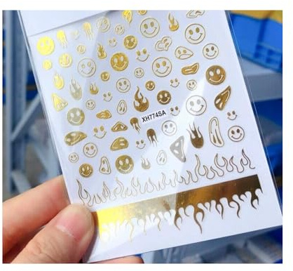 Happy Emoticons Fire Flame Flowers Nail Decal Sticker Xh774Sa Gold Nail Wraps Art Stickers Manicure Supplies for Women for Home Nails Full Long Lasting Easy Apply and Remove