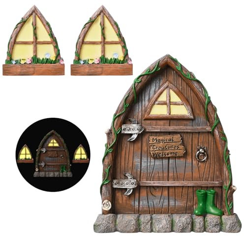 Pumwoy Puerta de Hadas para Tronco de Árbol, Puertas Hadas Jardín Brilla en la Oscuridad, Puerta Miniatura de Árbol de Jardín de Hadas, Estatuas de Árbol para Puerta y Ventanas Decoración de Jardín