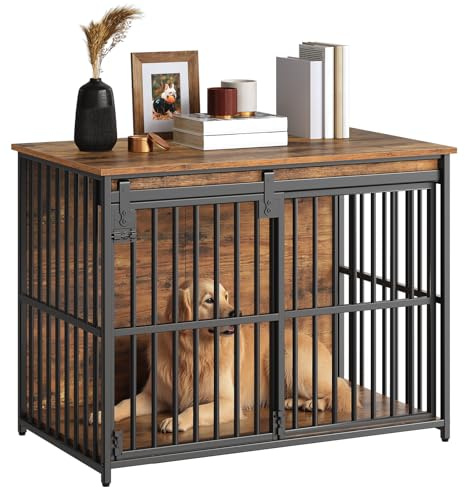 HOOBRO Dog Crate Furniture, 36.6 Heavy Duty Dog Kennel with Sliding Barn Door, Wooden Dog Cage Indoor, Decorative Side End Table for Small/Medium Dogs, Rustic Brown and Black FG162GW03G1