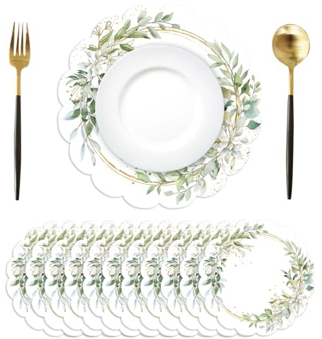 50Pcs Green Eucalyptus Leaves Round Paper Placemats,13.4 Inch Summer Wedding Round Table Mats Scalloped Disposable Placemats for Kitchen Dining Birthday Banquet Wedding Party Supplies