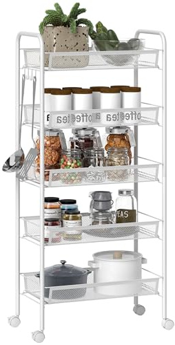 HOMCOM 5 Tier Utility Rolling Cart with Removable Mesh Baskets in White