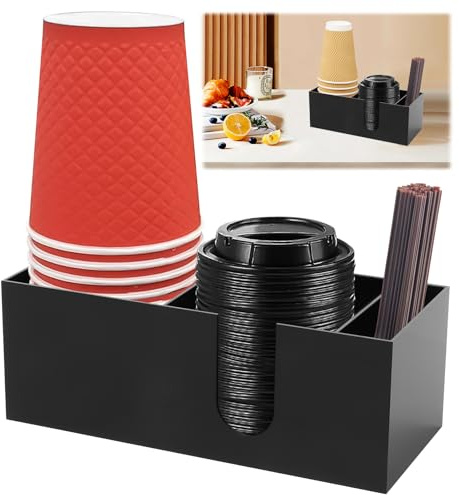 Yallmie Distributeur De Gobelets Jetables, Porte Gobelet En Plastique 3 Compartiments Avec Rangement En Paille Support Gobelets Jetable Bureau Rangement Gobelet Café Organisateur (Noir)