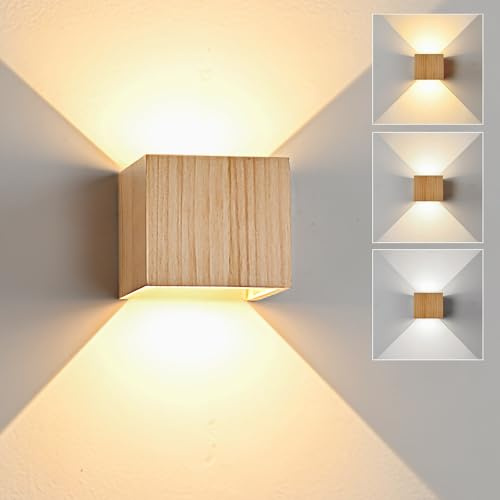 CongShine Applique Murale LED Intérieur 6W Bois, Dimmable Éclairage Mural Applique LED 3000K/4000K/6000K, Lampe Murale Vintage Up Down Luminaire Rétro pour Escalier Entrée Terrasse Dangle Salon (1PCS)
