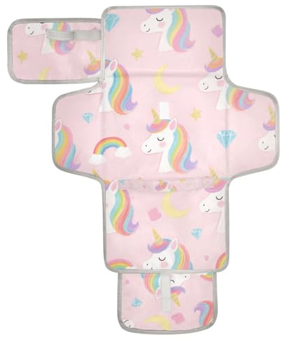 Wiederverwendbare Wickelunterlage mit niedlichem Cartoon-Motiv, weiße Regenbogen-Einhörner, mit Taschentasche, Wickelunterlage für Wickeltisch, leichte und faltbare Wickelstation, Cambiador de pa?ales