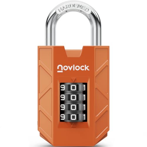 NOVLOCK Combination Padlock – Sturdy & Secure 4-Digit Lock with Code for Gym, School & Work Lockers, Cabinets, Toolboxes, Sheds & Fences – 1-Pack, Orange