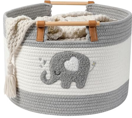 Large Blanket Basket 35L Cotton Rope Baskets with Wooden Handles Woven Baskets for Kids Stuffed Animal Toys Storage for Nursery, Laundry Hamper Clothes Baby Hamper Boys Gift Basket Empty, (Elephant ）