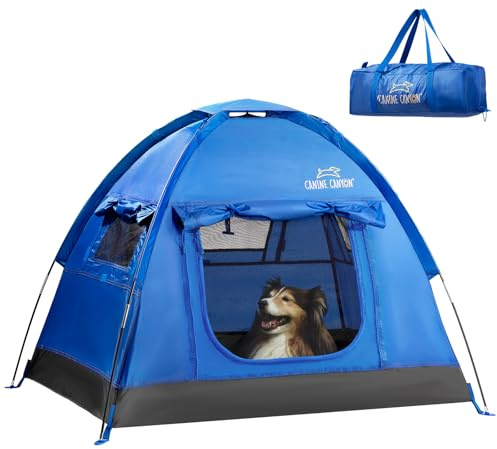 Canine Canyon Luna Portable Dog Tent, Indoor/Outdoor Dog House for Camping, Waterproof Cat and Dog Tents with Zippered Door and Mesh Windows for Airflow and Ventilation for Beach, Backyard, Blue