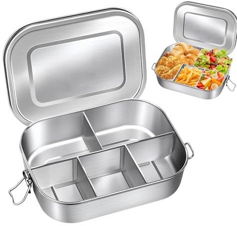 Edelstahl Brotdose mit 5 Fächern, 1600ml Edelstahl Bento Box, Metall Lunch Box, Brotzeitdose mit Abnehmbar Trennwand, Silikondichtung, Sicherem Verschlussclip für Büro, Schule, Picknick, 23*17*8CM