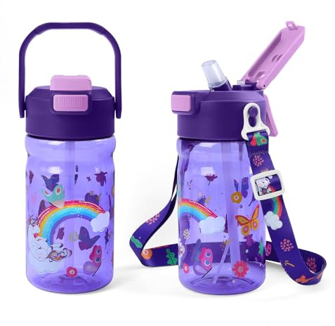 alldomess Kids Water Bottle Mist & Sip 2-In-1, 20Oz Plastic Kids Mist Water Bottle With Straw And Handle, Leakproof & Lightweight, Ideal For School And Outdoor, Unicorn