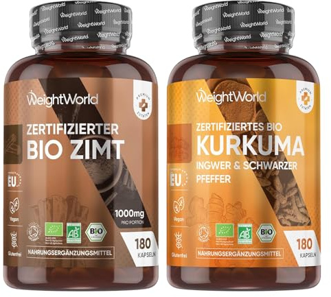 Bio Kurkuma + Bio Zimt 180 Kapseln - Curcuma mit Schwarzer Pfeffer & Ingwer Pulver - Bio Zertifiziert - Vegan & Glutenfrei - WeightWorld