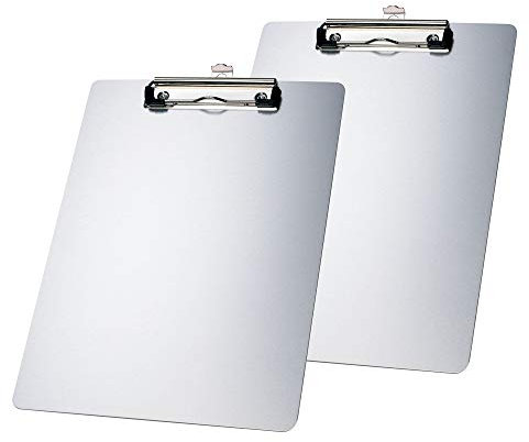 2er Alu Klemmbrett A4 mit gummierter Metalklemme, Schreibbrett DIN A4 mit Aufhängeose, Pad Halter Clipboard - Stabile Aluminum Schreibplatte - Schreibblock 2er Pack in Farbe Silber TKD8025-silver-2x