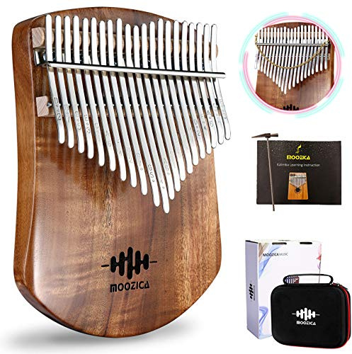 MOOZICA 21 Keys Solid Koa Kalimba Thumb Piano, Single Solid Wood Flat-board Professional Kalimba Marimba with Learning Instruction and High Performance Carrying Case (Acacia Koa, 21-Key)
