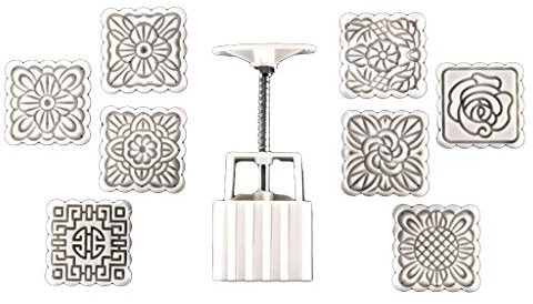 qiuxiaoaa 100G Mooncake Barrel Mold With 8 Pieces Square Flower Stamps Hand Press Pastry Mould Moon Cake Mould Plastic, Stainless Steel