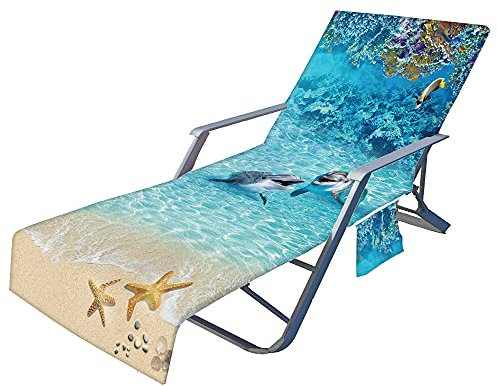 Highdi Schonbezug Liegestuhlauflage, Schonbezug für Gartenliege, 3D Strandliegenauflage mit Taschen, Mikrofaser Handtücher für Strandliegen Liegestuhl (Delfin,75x210cm)