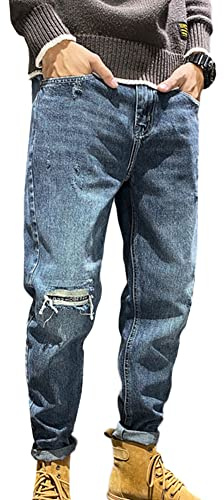 Men's Ripped Jeans Loose Fit Denim Pants Harem Pants Carrot Style Trousers Mid Waist Casual Destroyed Blue Jeans Tapered Distressed Jean Trousers Blue 38W
