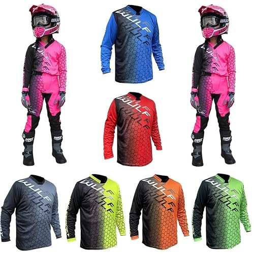 Kids Motorbike Motocross Shirts, Wulfsport 2024 Junior Off Road Jersey, Mx Clothing Quad ATV Off Road Sports Enduro Kart Trials Child MTB BMX Dirt Bike Cub Wulf Racing Top - Blue - 5-7 Years