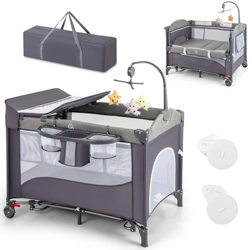 Maxmass 6-in-1 Baby Travel Cot, Infant Bedside Sleeper with Detachable Changing Table, Music Box and Hanging Toys, Adjustable Nursery Center for Newborn Toddlers (Classic)