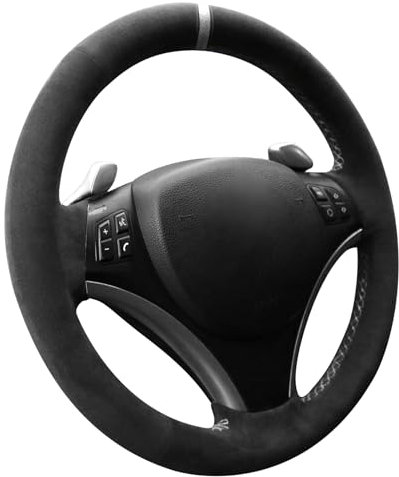 Alfanxi Alcantara-Lenkradbezug, handgenäht, kompatibel mit BMW 1er-Serie/3er-Serie/X1 (weiß gestreift)
