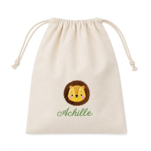 CrisArt Sacca asilo bambini porta bavaglini con nome e disegno a scelta, sacchetto con leone arcobaleno unicorno animali rosa o beige, porta cambio misura piccola