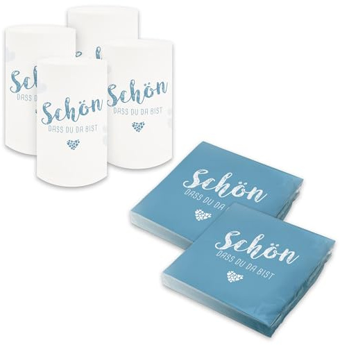 itenga Tischdeko Set - Servietten Schön dass du da bist 30 x 30cm 3-lagig 40 Stück und 6 Windlichter für Kommunion Konfirmation Hochzeit Taufe und andere Feiern (nordic blue)