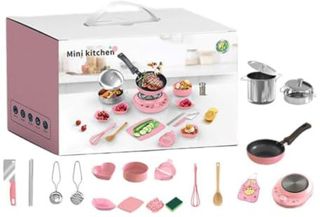 22PCS Children's Real Cooking Mini Kitchen Toys, Kids Kitchen Playset Sets with Pots and Pans, Montessori Kids Junior Tiny Real Toddler Safe Easy Bake Cook Set with Pretend Kitchen Tool (Pink)