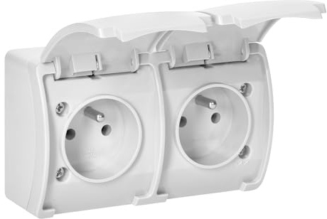 Miratic Enchufe Doble Pared - Enchufe de Superficie 2x2P+T Enchufe Doble Superficie IP44 - Enchufe tipo E (Blanco)