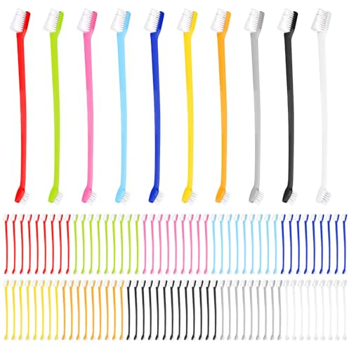 100uds Cepillo de Dientes para Perros, Doble Cabezal Cerdas Suaves Cepillo de Dientes para Gatos Antideslizante Cepillo de Limpieza Dientes para Gatitos para Perros Gatos Mascotas (10 Colores)