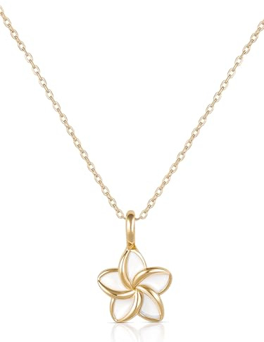 Einzelstück® Halskette Frangipani mit Monoi Blumen Anhänger I Tropische 925 Sterling Silber Kette vergoldet I Antiallergen & Nickelfrei (Gold)