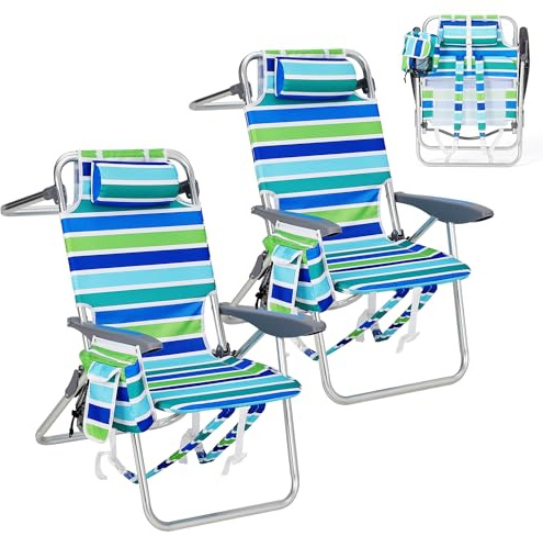 GarveeLife High Backpack Beach Chair for Adults 2 Pack, Lightweight Portable Lay Flat Folding Beach Chair with 5 Positions, Backpack Straps, Phone Pocket, Cup Holder, Cooler Pouch & Towel Bar
