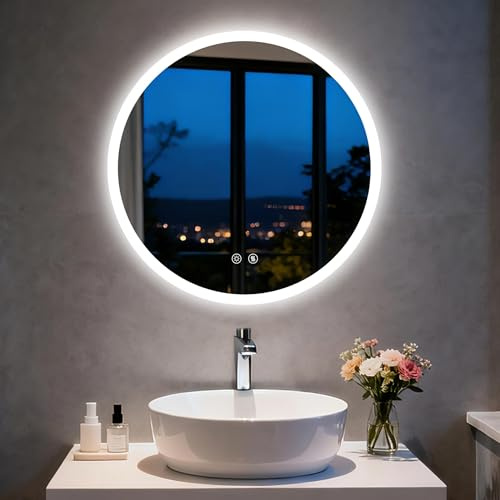 LUVODI Specchio Bagno con Luce LED Rotondo 50 cm: Specchio led bagno con Antiappannamento, 3000K-6000K, Dimmerabile 3 Colori Luce, Funzione Memoria, Vetro HD Specchio