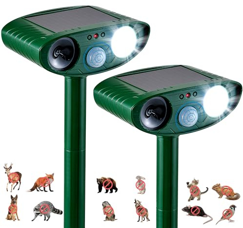 2 Pack Solar Animal Repeller for Raccoons, Deer & Squirrels - Ultrasonic & Strobe Light, Outdoor Deterrent for Cats, Dogs, Raccoons, Rabbits, Skunks, Foxes & More