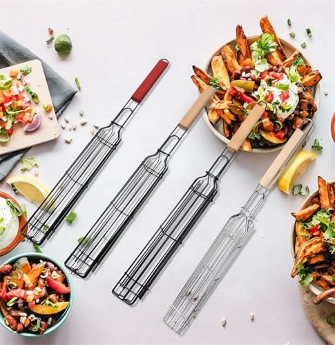 Para juego de 2 cestas de barbacoa, cubiertos para barbacoa, pinzas antiadherentes para salchichas para frutas y verduras