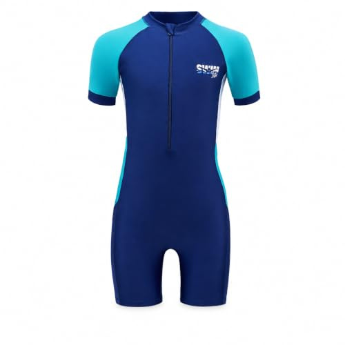 Fjquamitix Boys Swimming Costume Colour Block Short Sleeve One Piece Swimsuit with Front Zipper Quick Dry Kids Wetsuit High Stretch Boys Swimwear