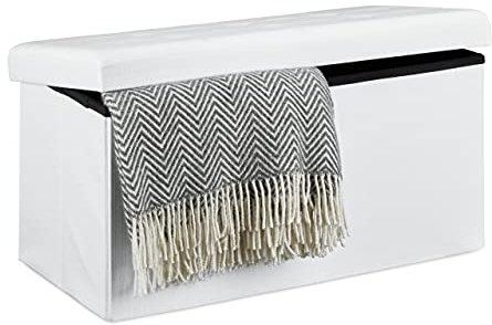 Relaxdays Pouf con Contenitore XL, Cassapanca con Coperchio, Panca Pieghevole, Sgabello Poggiapiedi, 36x76x38 cm, Bianco
