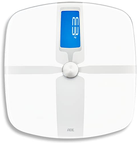 ADE Balance de graisse corporelle, pèse personne numérique avec analyse de la graisse corporelle, eau corporelle et masse musculaire, 5 valeurs de mesure, jusqu'à 180 kg, blanc | BA1800