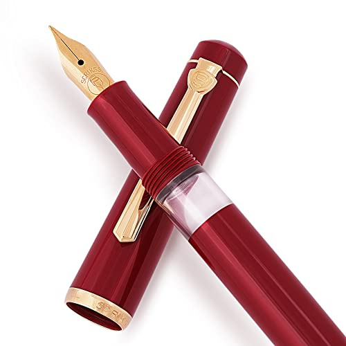 Scrikss Penna stilografica con pennino medio placcato oro 23 K, riempimento a stantuffo, corpo in resina acrilica bordeaux lucido, serie 419, con tappo a vite